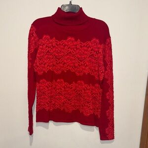 Laseine L Red Turtleneck Sweater with Lace Details